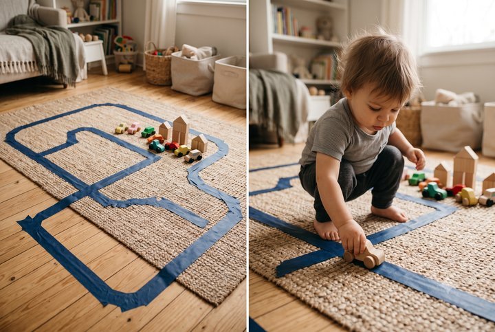 Two-year-old playing with a painter's-tape road and toy cars