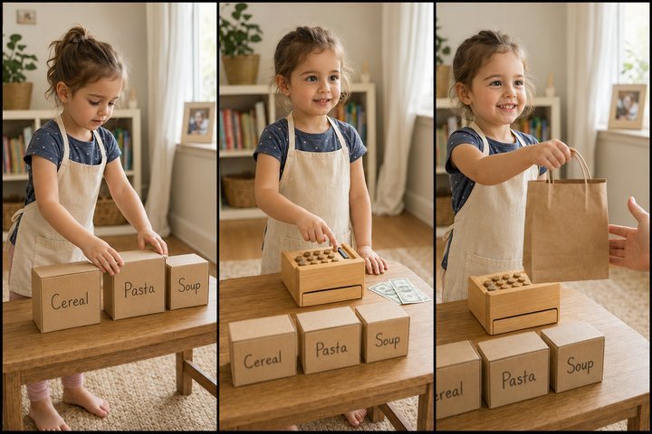 Three-year-old playing pretend store with empty food boxes
