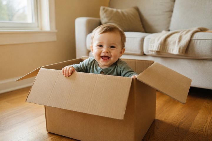 A 1-year-old sitting happily inside a plain cardboard box on a living room floor