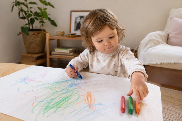 A 2-year-old choosing between three chunky crayons and drawing freely on a large sheet of paper