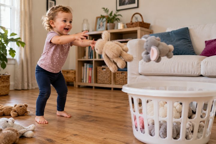 A 2-year-old throwing soft stuffed animals into a laundry basket