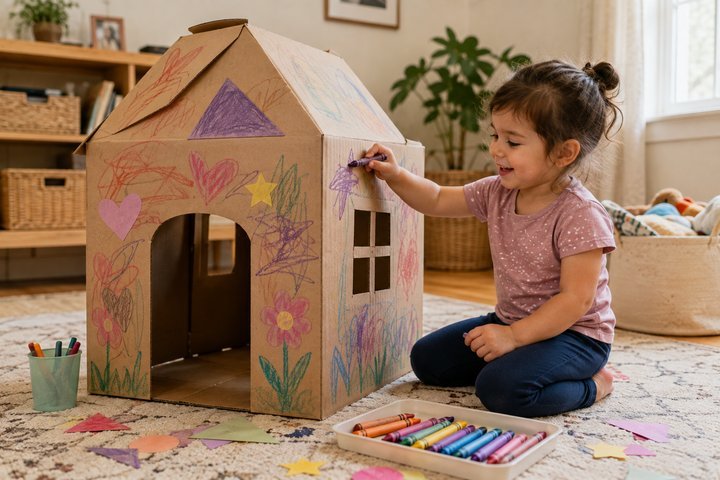 A 3-year-old decorating a cardboard box house with washable crayons and paper shapes