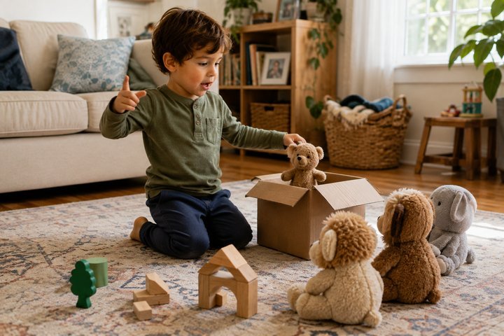 A 3-year-old boy kneeling on a living-room rug deep in imaginative play with a cardboard box, stuffed animals, and wooden blocks