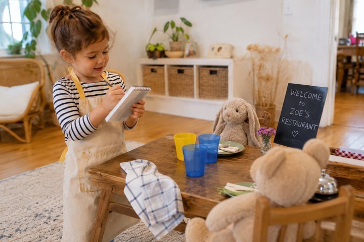 A 3-year-old running a pretend restaurant, taking an order on a notepad with stuffed-animal customers at the table