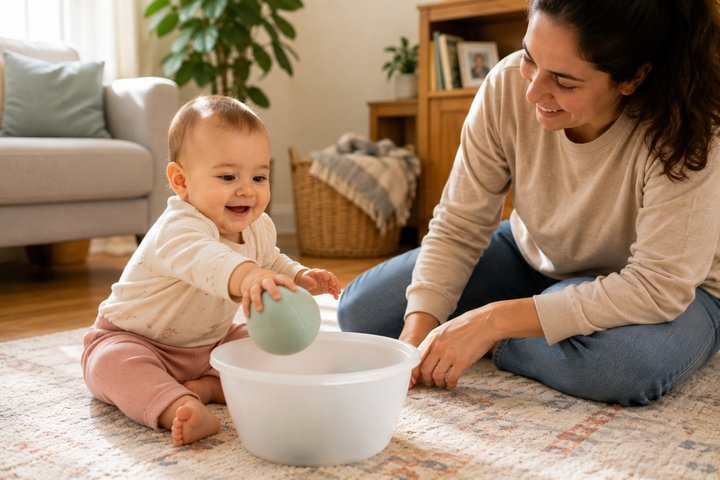 An 8-month-old sitting on a floor mat dropping a large soft ball into a wide plastic bowl while a parent sits beside them
