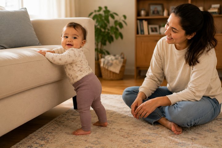 An 11-month-old standing with hands on a stable couch while a parent sits within arm's reach on the floor