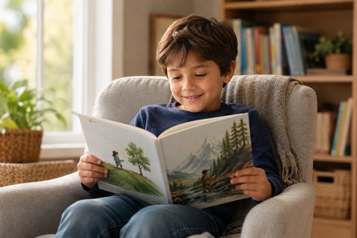 A young child reading an illustrated chapter book happily on their own