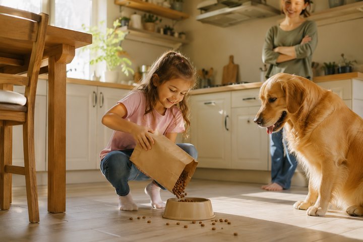 A young child feeding the family dog with some kibble spilled on the floor while a parent watches