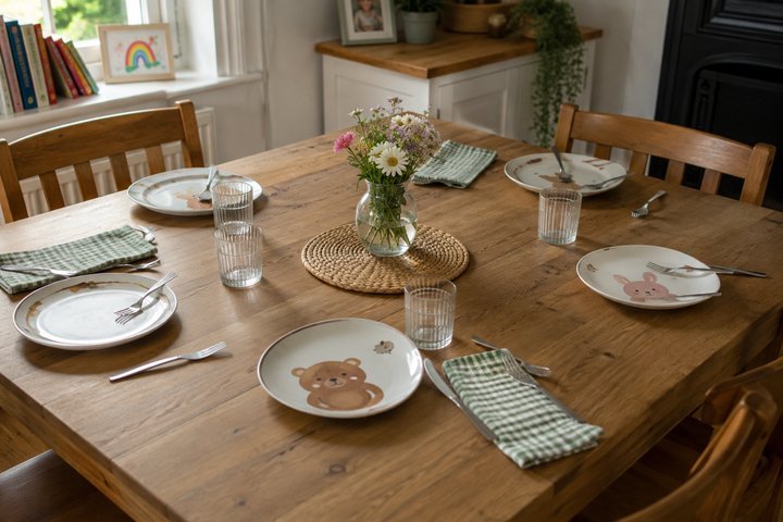 A dinner table a young child has set themselves, with cutlery and plates placed a little unevenly