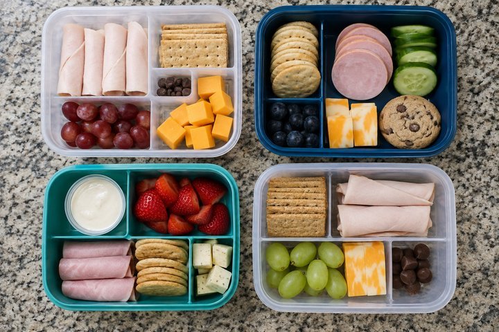 Four simple packed lunches in ordinary containers using the lunch formula