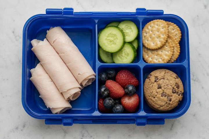 A realistic weekday lunchbox with turkey roll-ups, cucumber, crackers, berries, and a cookie