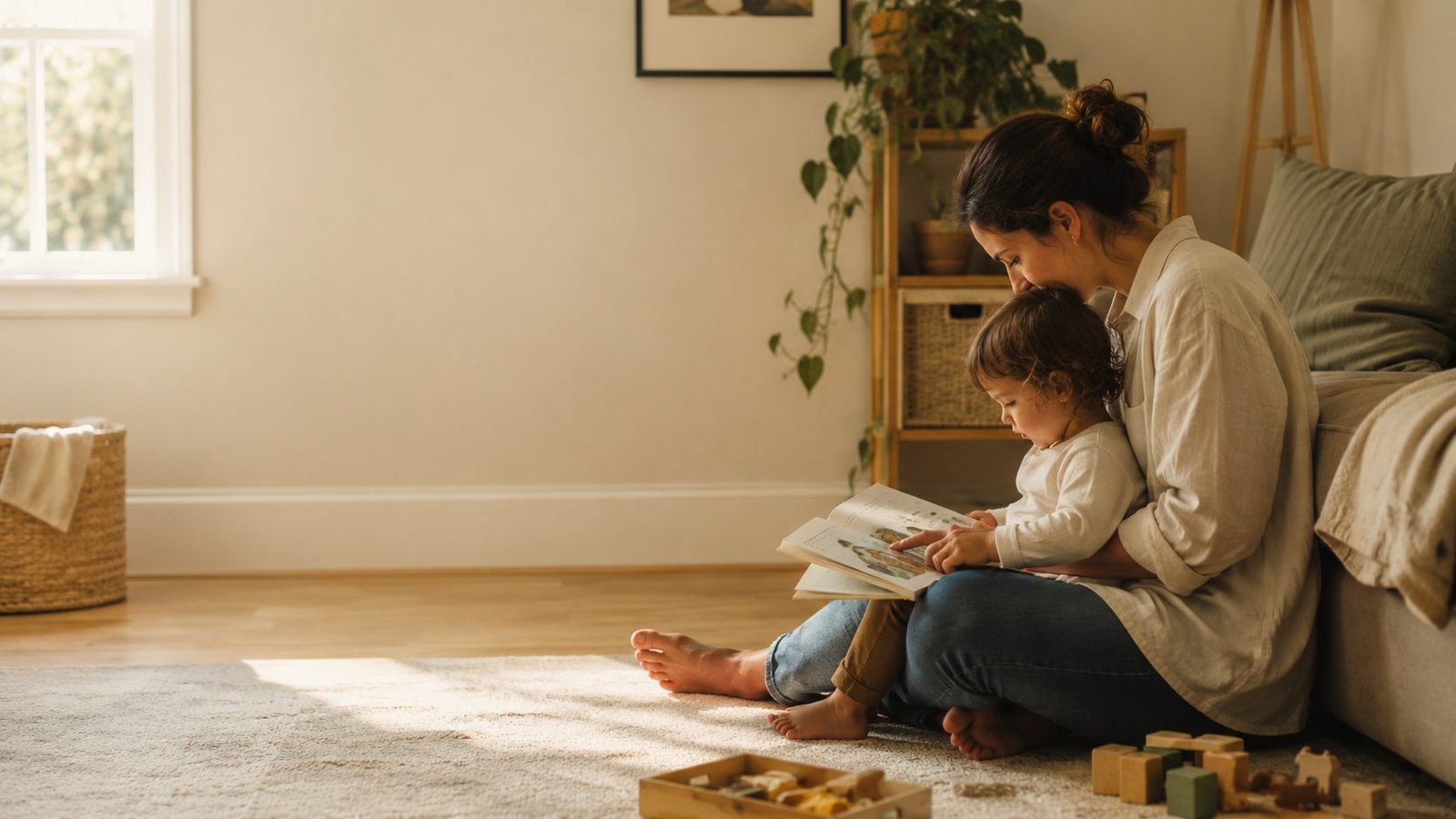 A parent and toddler reading a picture book together on the floor at home