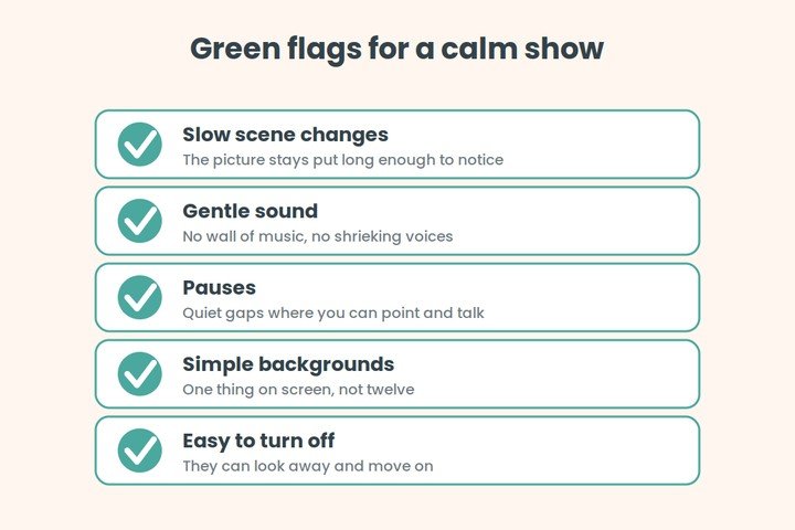 Green flags for a calm show: slow scene changes, gentle sound, pauses, simple backgrounds, and easy to turn off