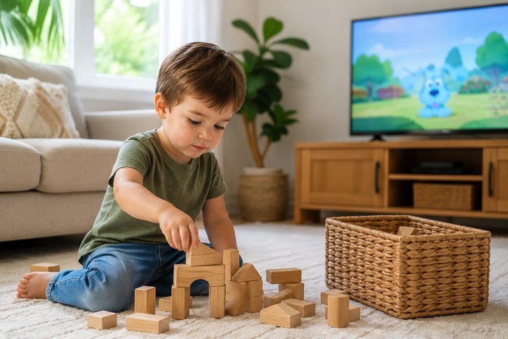 A preschooler playing calmly with wooden blocks beside a gentle show
