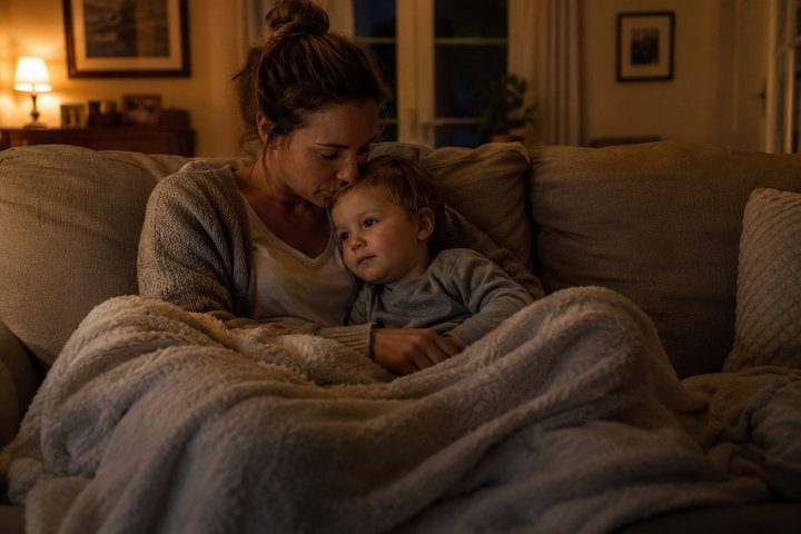 A parent and young toddler cuddled under a blanket during a calm wind-down show