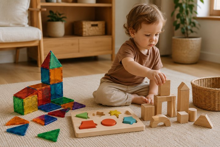 Wooden puzzle and magnetic tiles for open-ended toddler play
