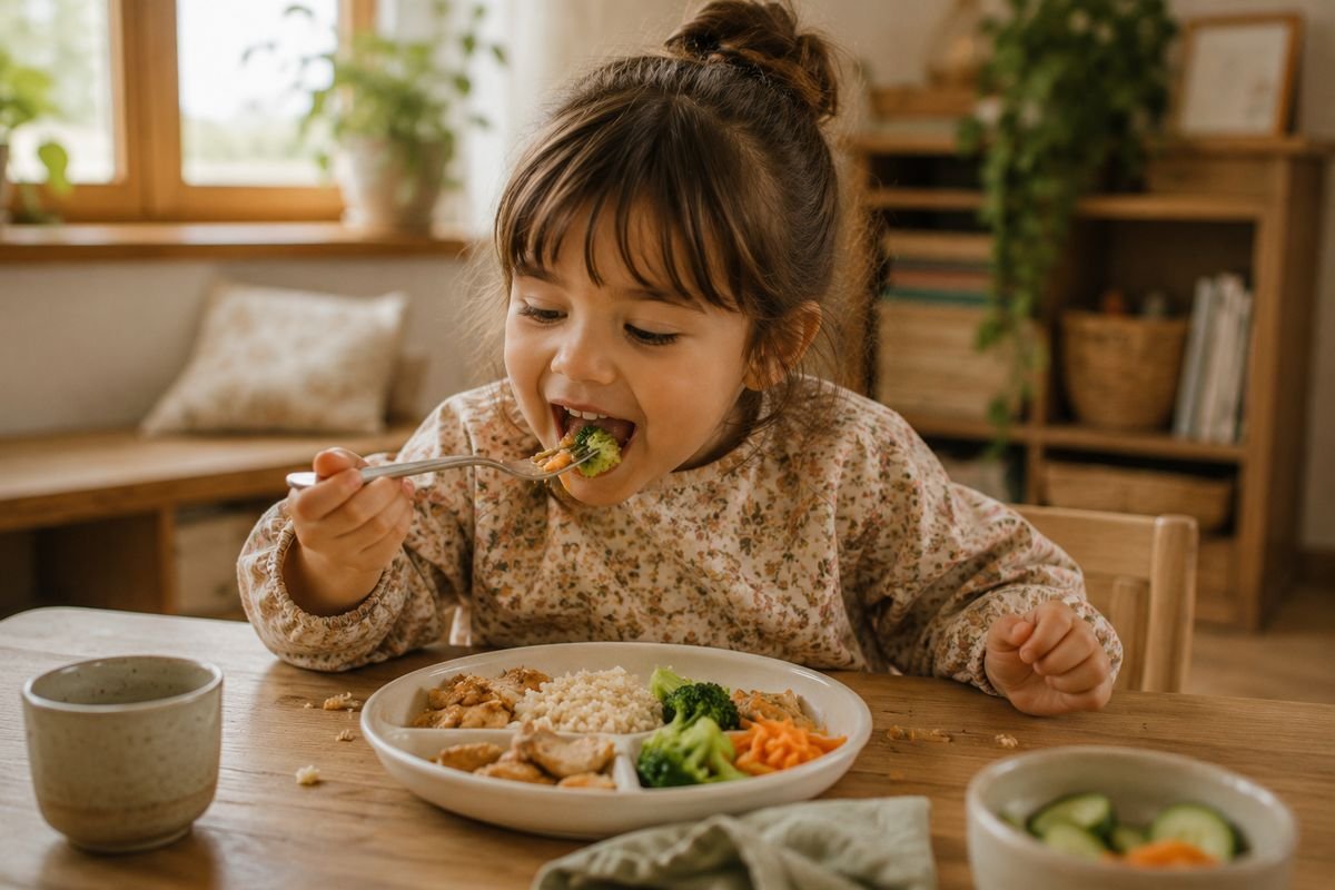 A child eating a simple lunch at the table