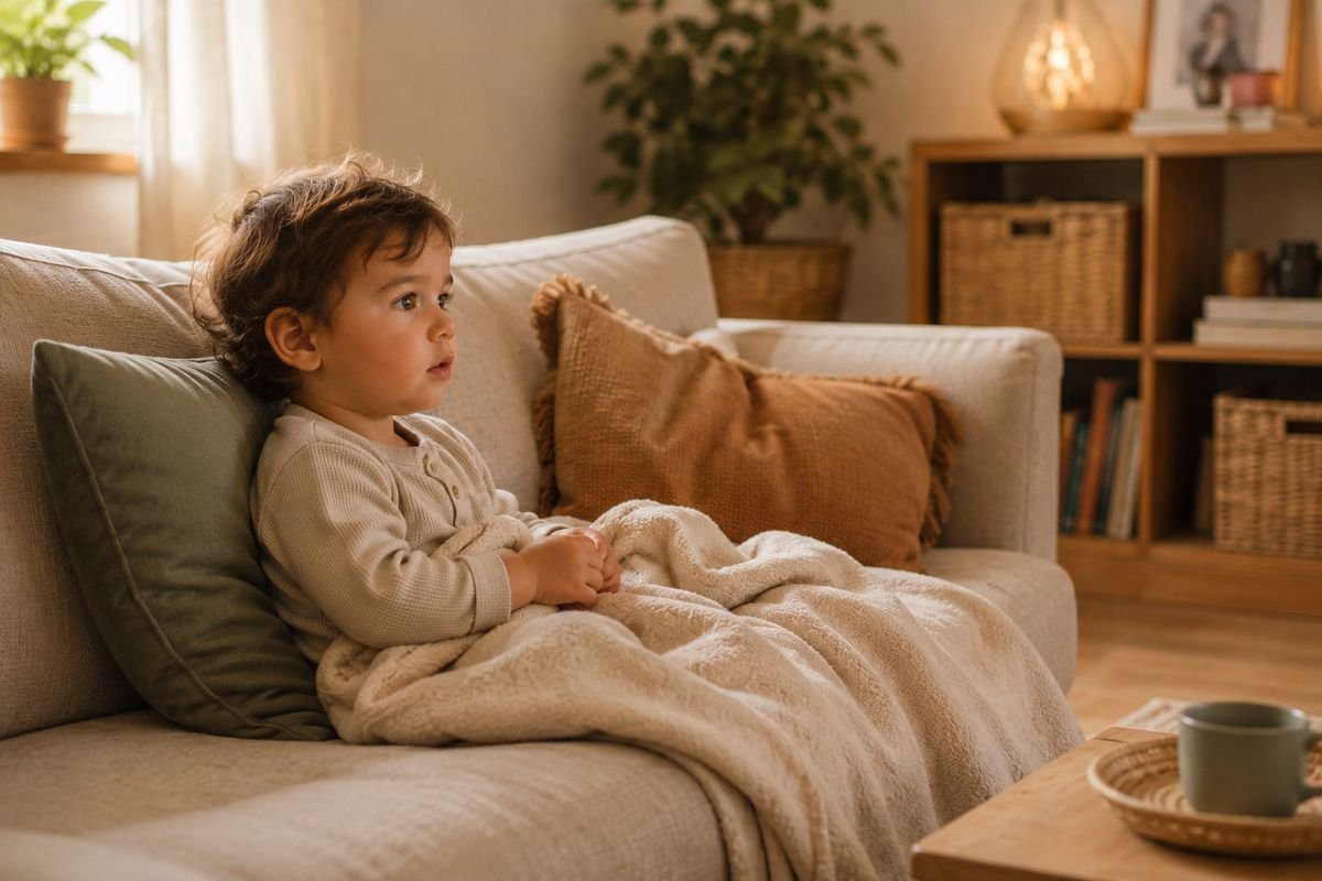 A toddler watching calmly from the sofa under a blanket