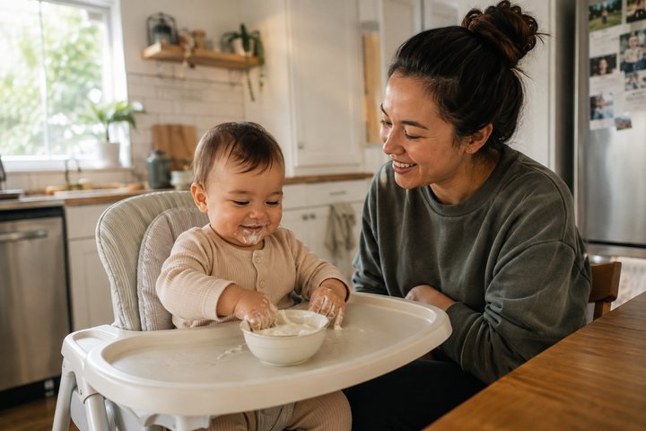 A 1-year-old in a high chair exploring a small amount of plain yogurt on the tray with their hands while a parent sits close beside them