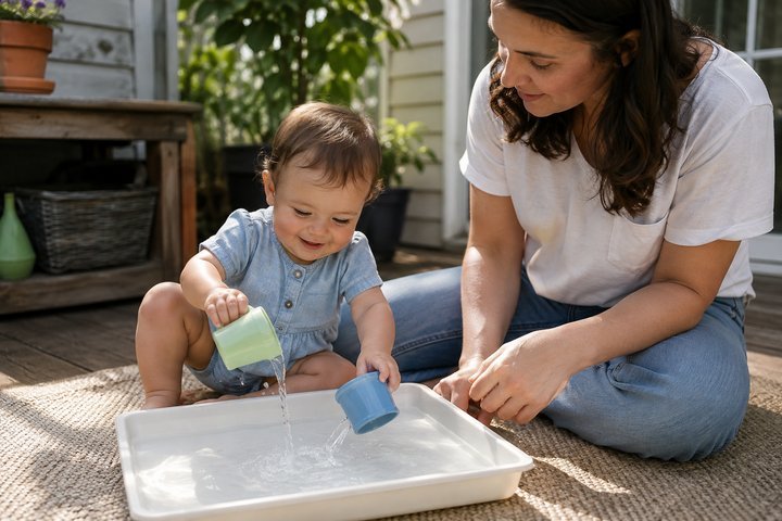 A 1-year-old outdoors at a shallow tray splashing a tiny amount of water with plastic cups while a parent sits within arm's reach