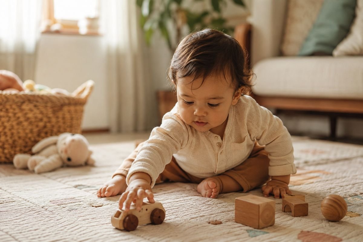 A baby playing with wooden toys on the floor