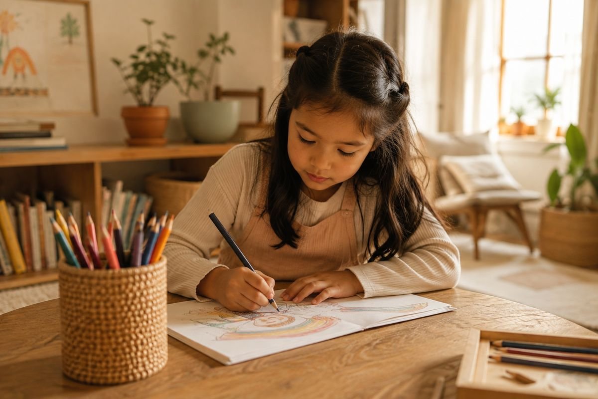 A young child drawing at a table at home