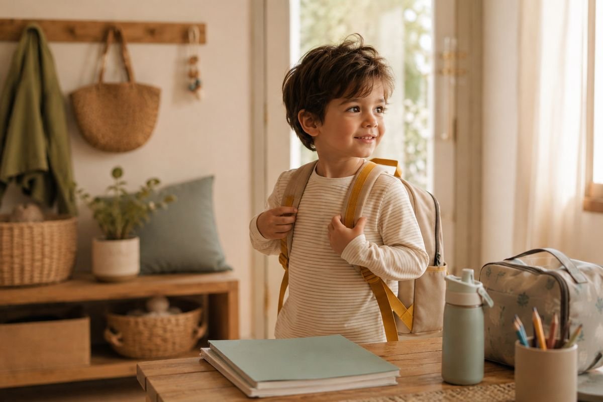 A young child with a backpack ready for school