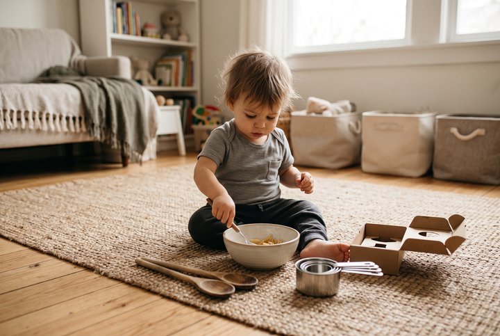 Toddler playing with simple household items on the floor